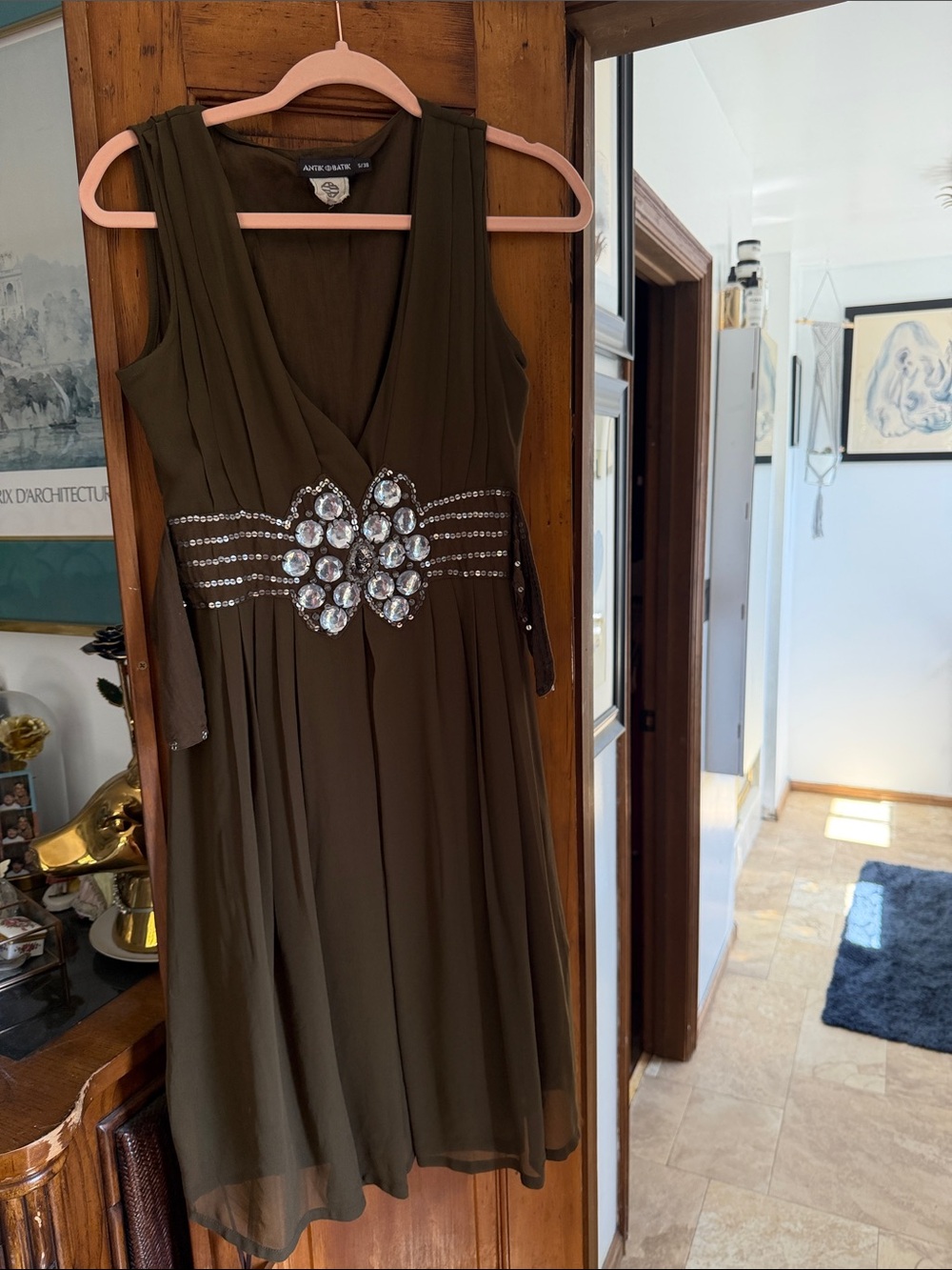 Antik Batik Olive Green Jeweled V-Neck Midi Dress